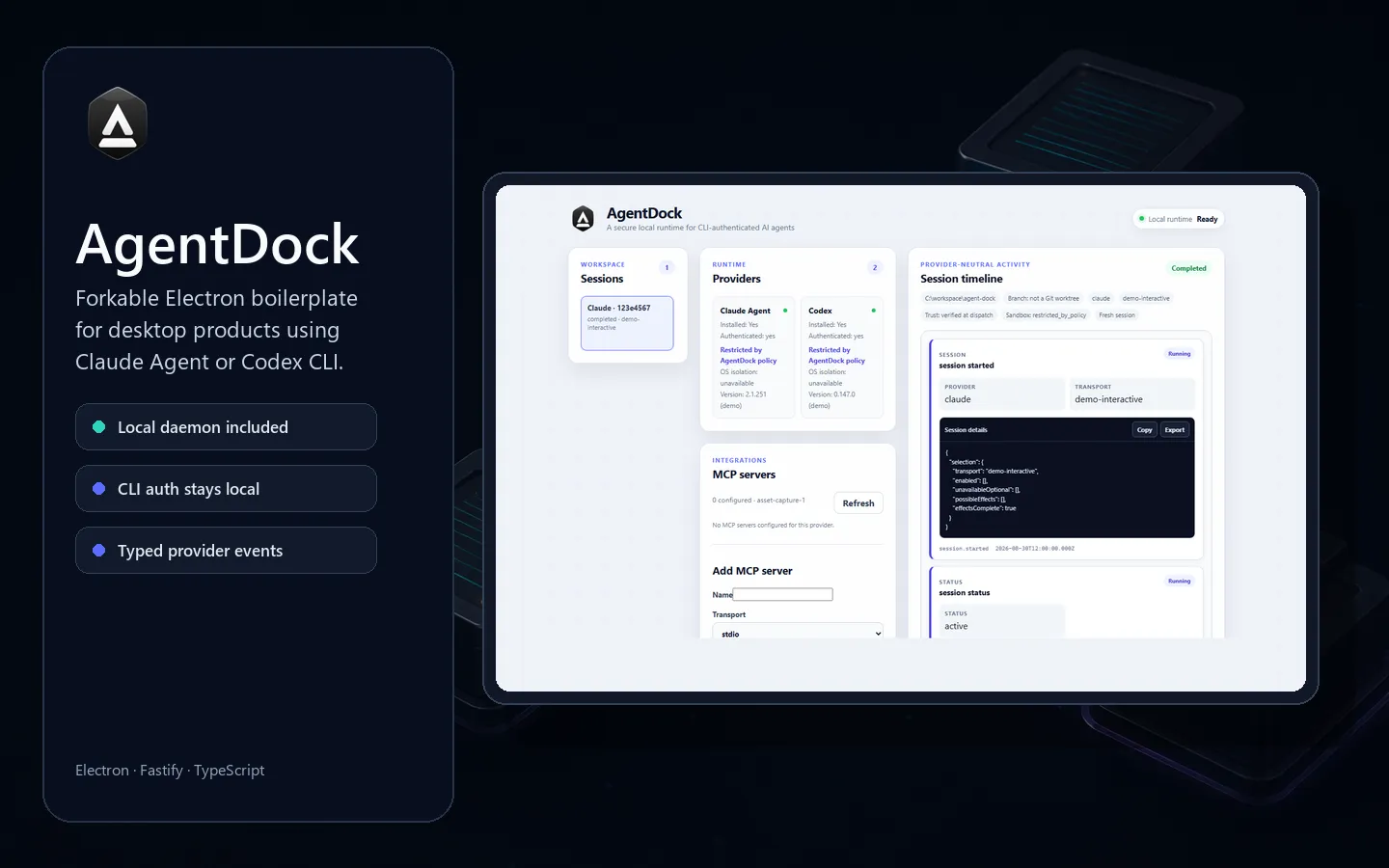 AgentDock session dashboard showing sessions, providers, and a live event timeline