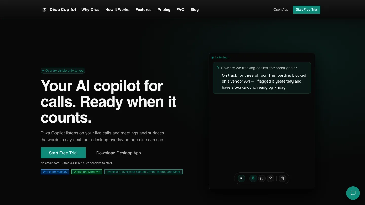 Diwa Copilot session hub interface