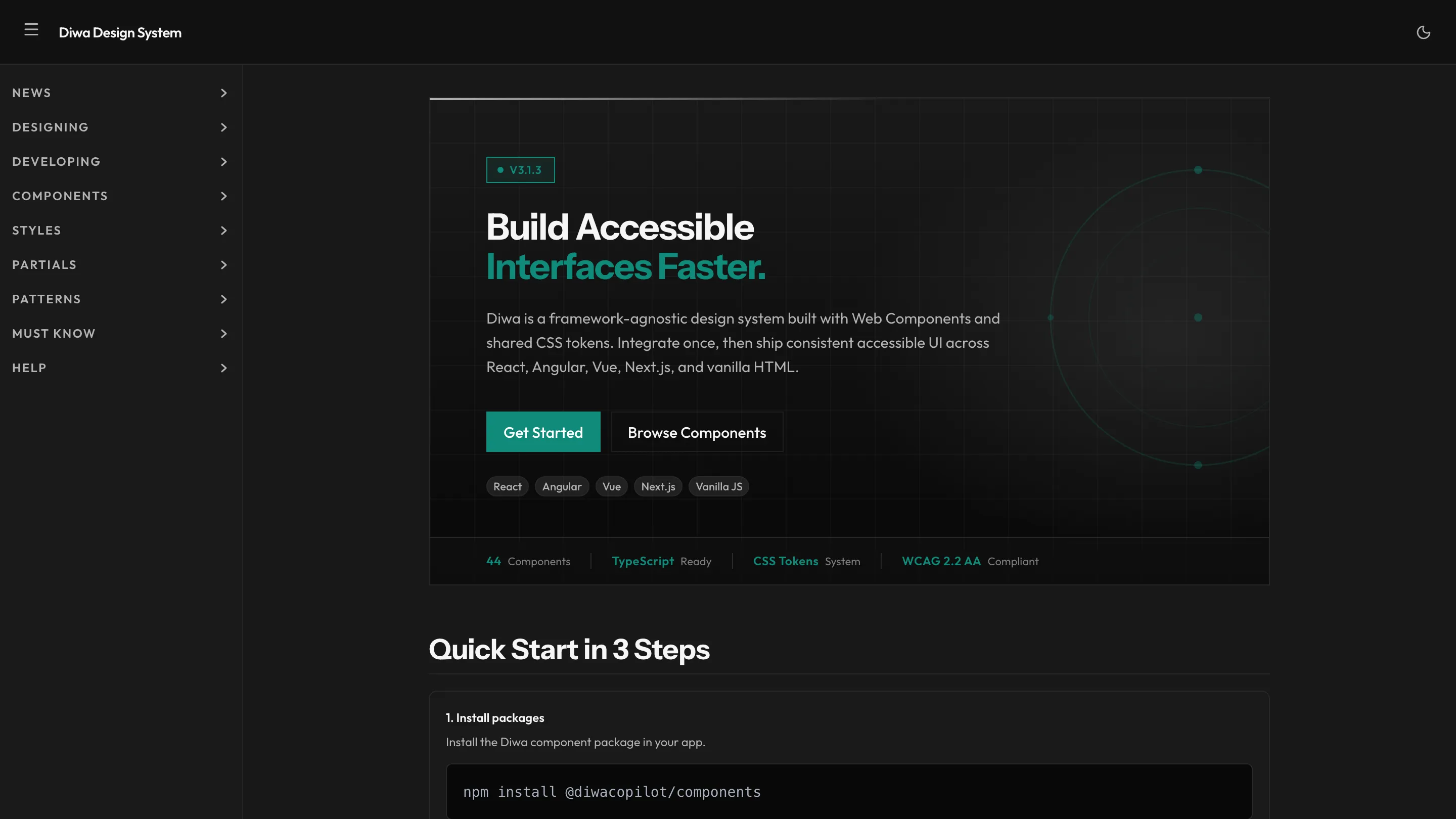 Diwa Design System documentation site homepage showing component count and framework support