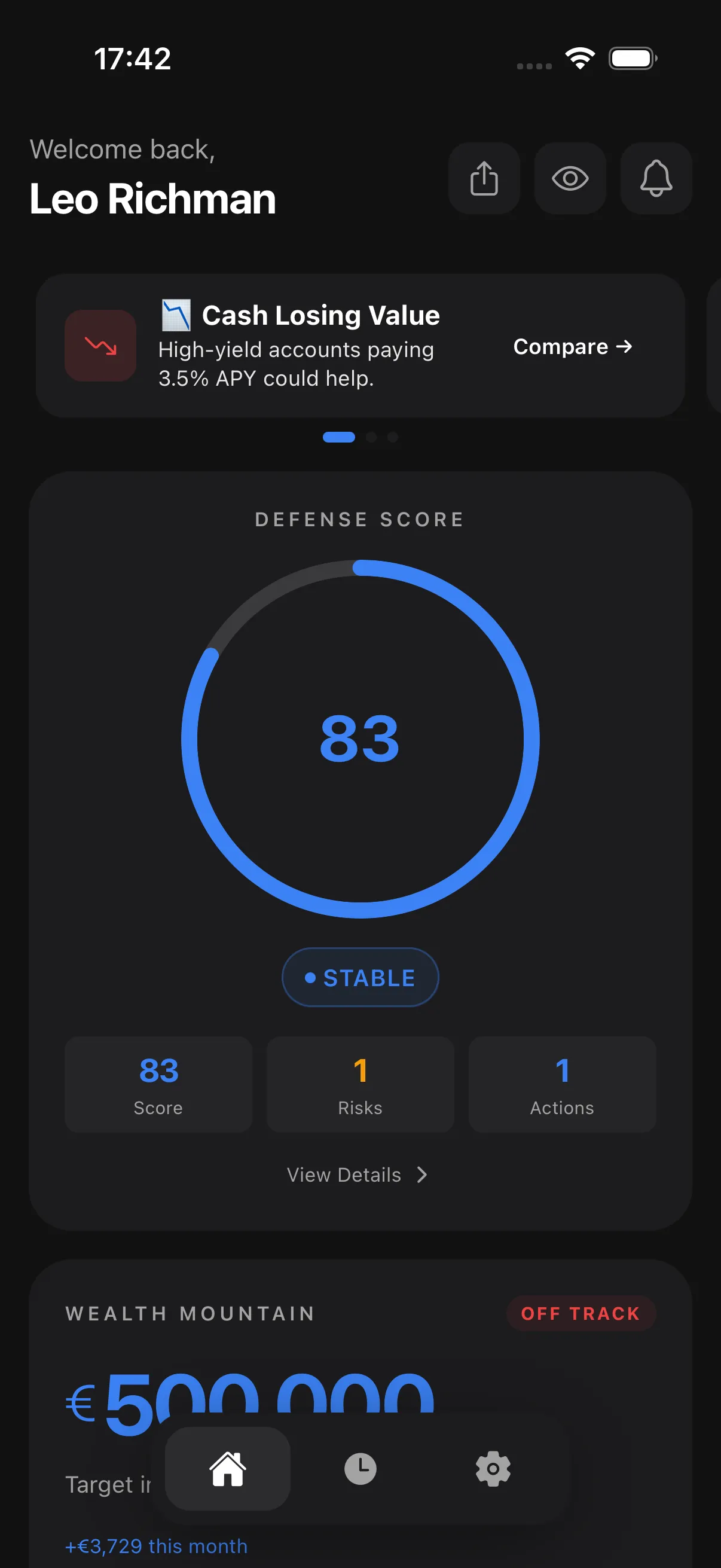 Dutch Defend dashboard showing a Defense Score of 83 (Stable) with a Wealth Mountain target of €500,000