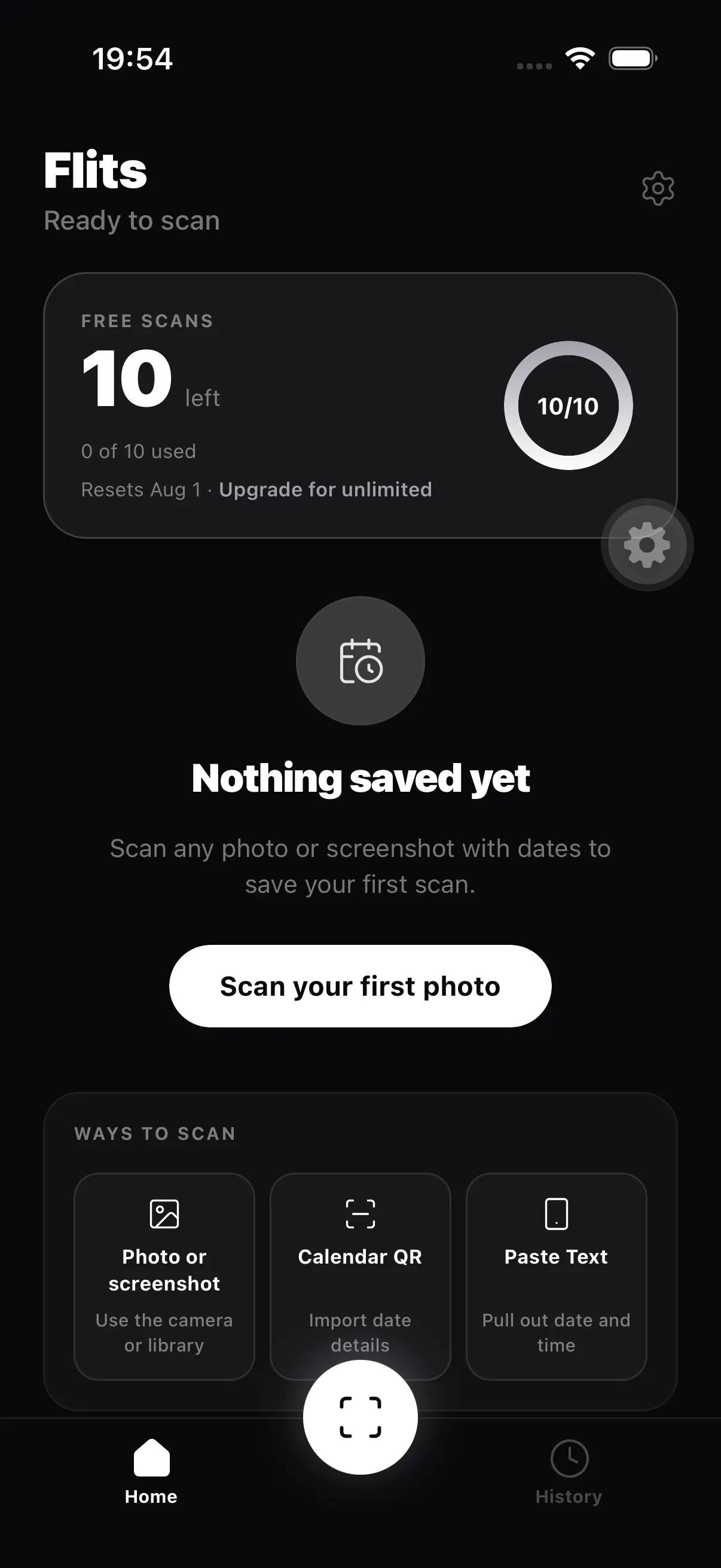 Flits home screen showing free scan counter and Ways to Scan options