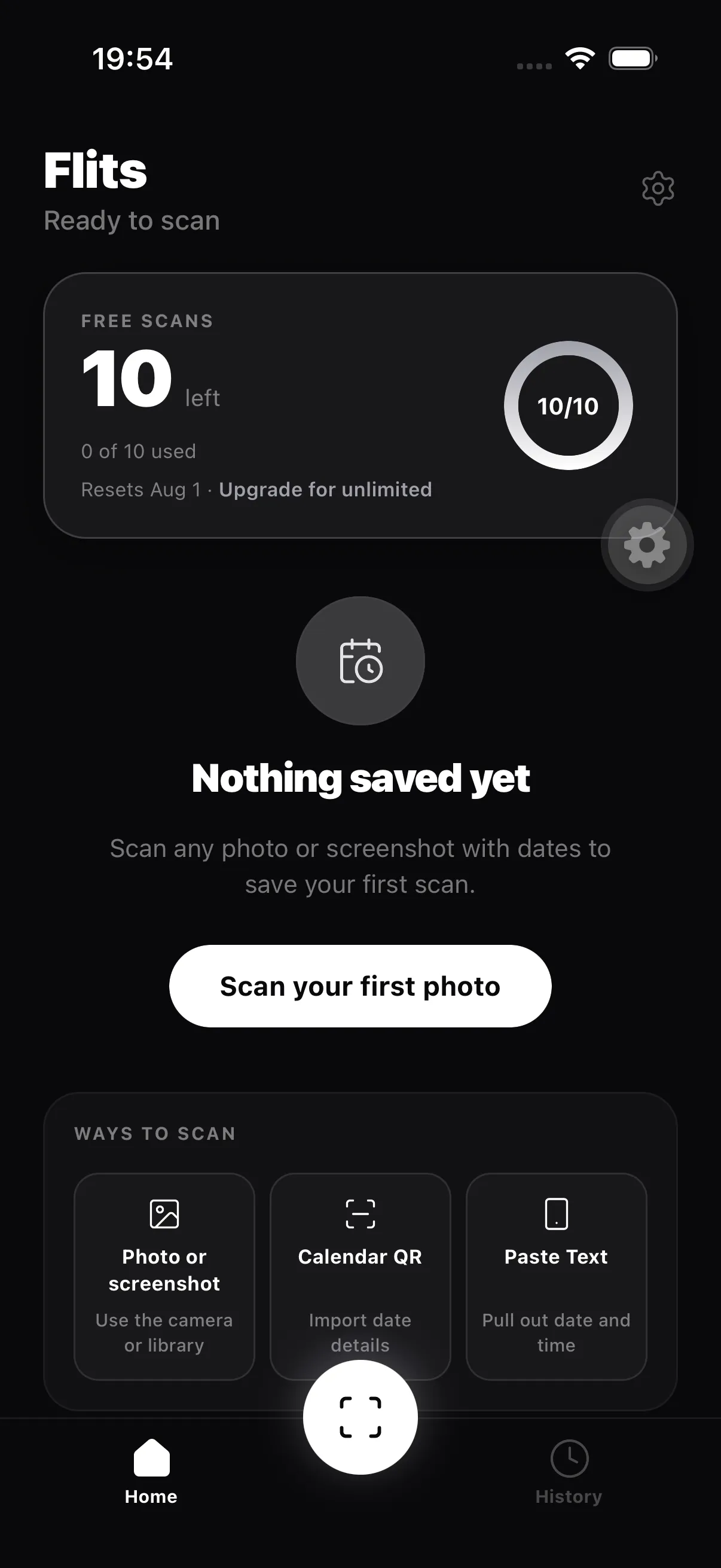 Flits home screen showing free scan counter and Ways to Scan options