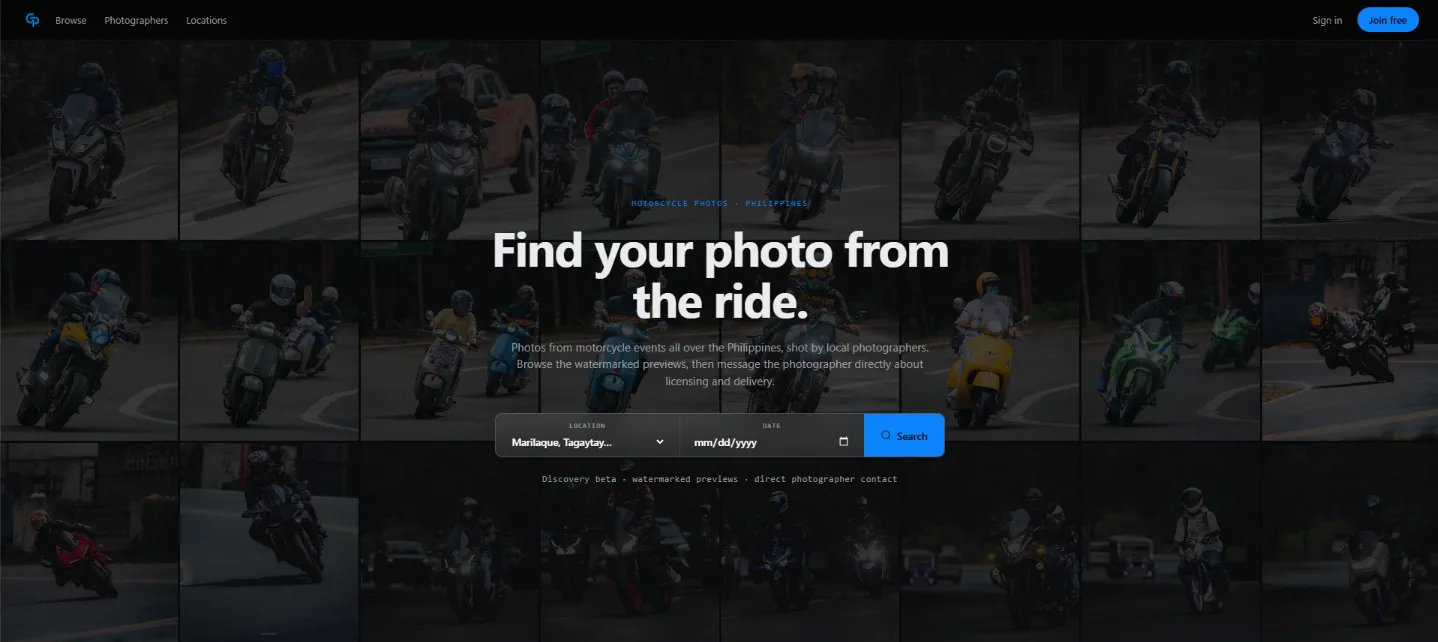 GrabPitik marketplace search screen: "Find your photo from the ride" with location and date search over a grid of motorcycle event photos