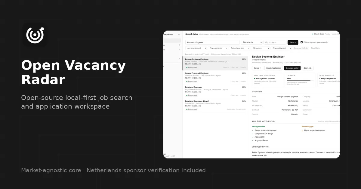 Open Vacancy Radar search workspace showing a job list filtered by IND-recognised sponsors