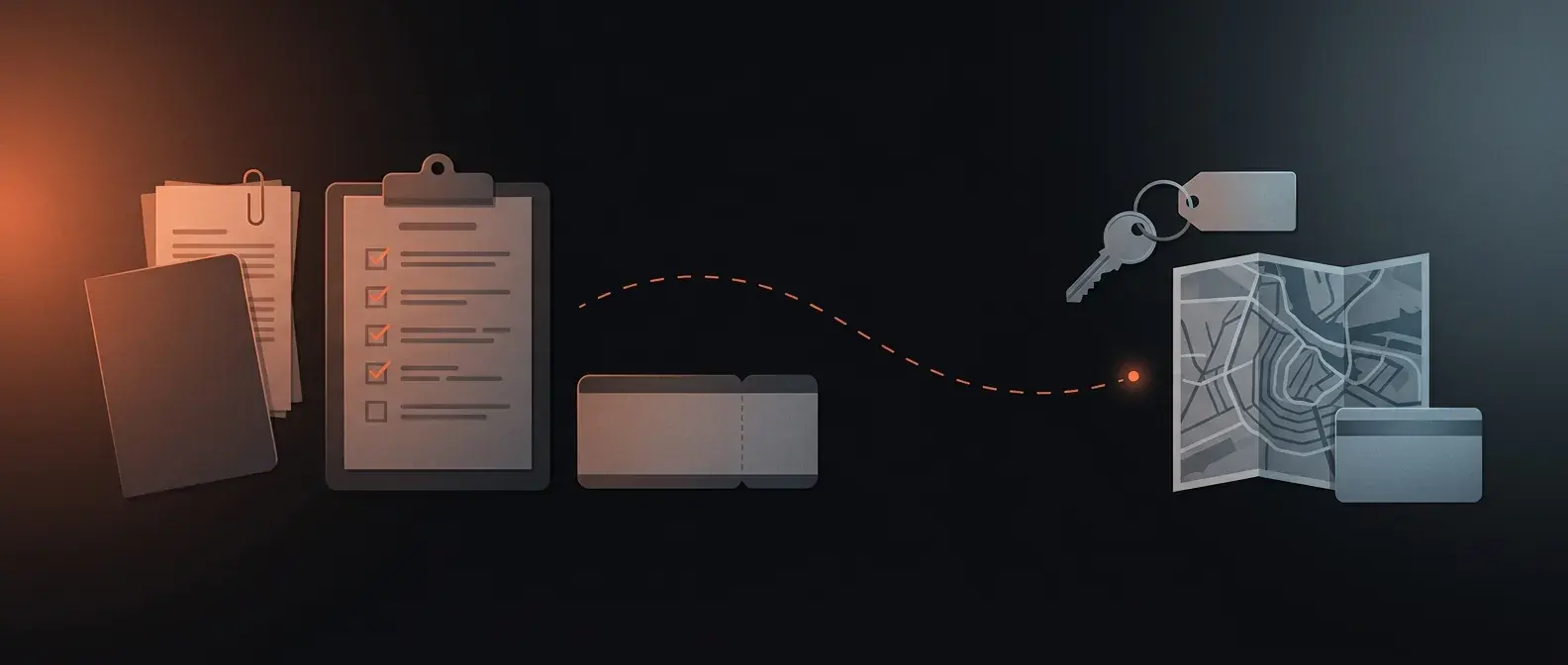 Illustration of relocation paperwork laid out as a route: documents, a ticked checklist, a boarding pass, a house key and a canal map