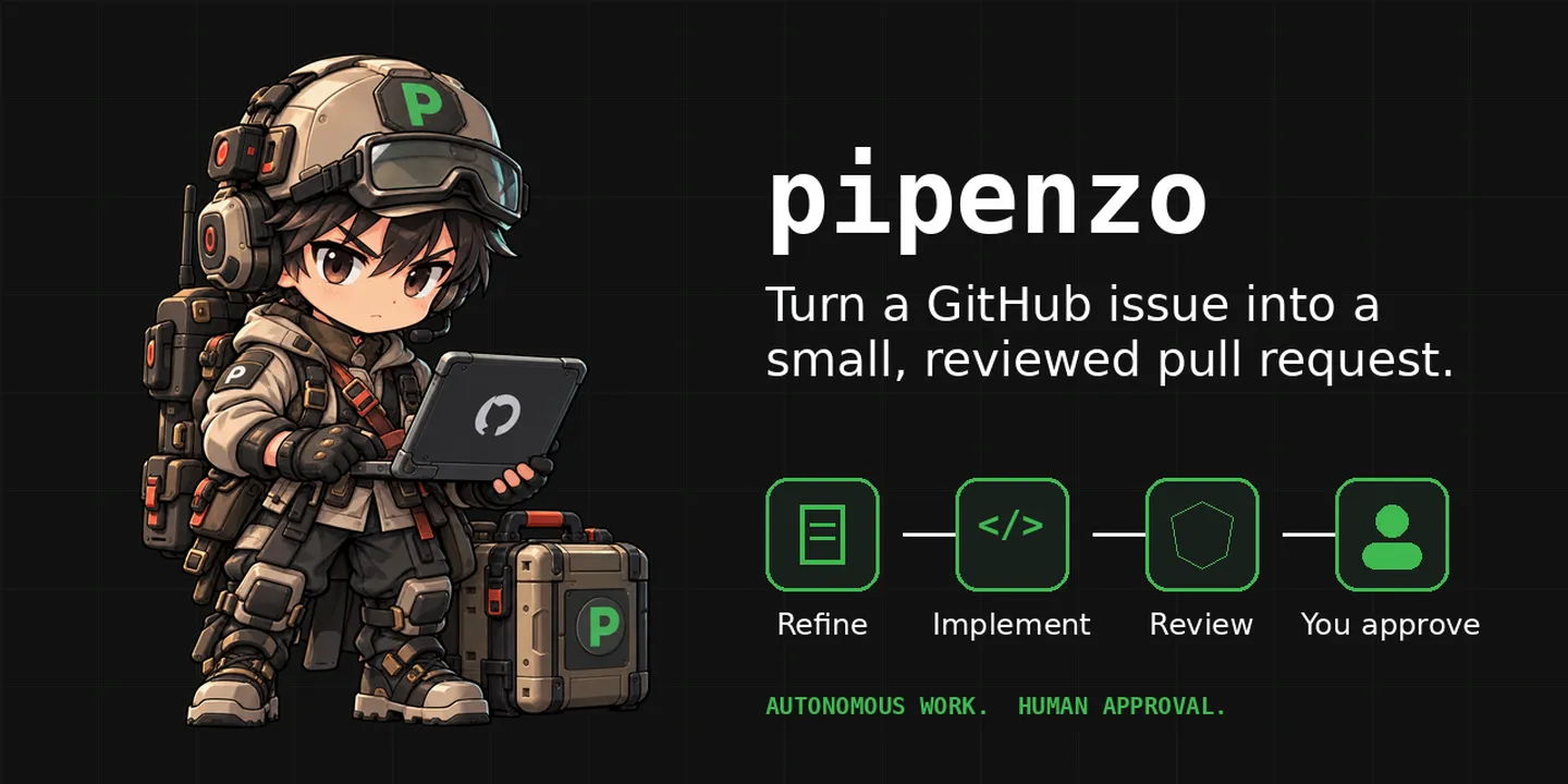 Pipenzo brand illustration: a scout mascot next to the Refine, Implement, Review, You approve workflow