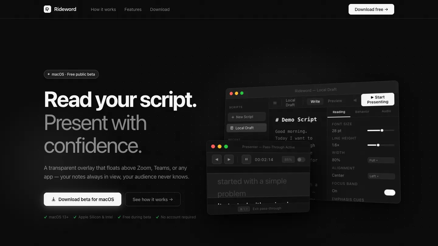 Rideword homepage showing the teleprompter overlay app for video calls